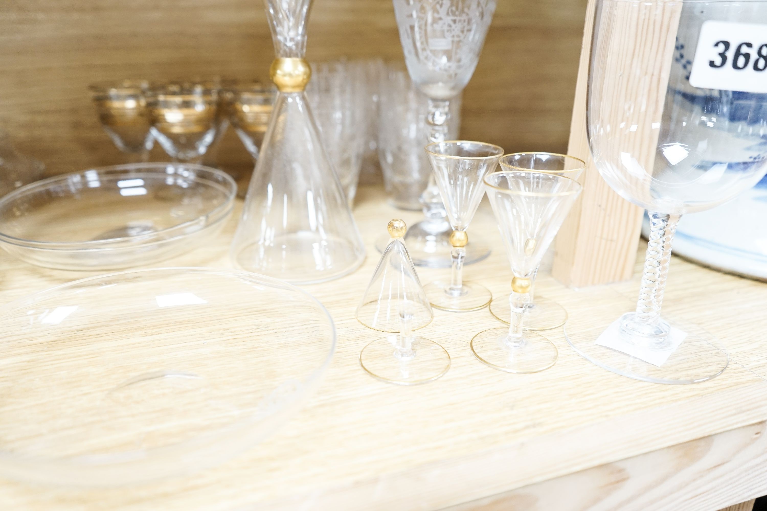 Drinking and other glassware, including an 18th wine glass with an engraved armorial (AF)